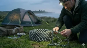 A helpful infographic showing how to neatly coil a reflective guy rope for tangle-free storage in a camping peg bag.