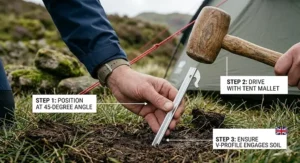 A close-up instructional illustration showing a person using a traditional wooden tent mallet to drive a V-shaped aluminium peg at a 45-degree angle.