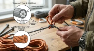 Alt text for image 4: A close-up, photorealistic diagram of rugged hands tying a technical Prusik knot on reflective paracord, next to inset cross-sections that compare the grip structure of Type III paracord against a standard guy line, highlighting knot security.