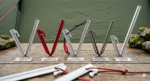 A material comparison of V-shaped tent pegs including matte silver aluminium, anodized red, and ultralight titanium variants on a weathered oak surface.