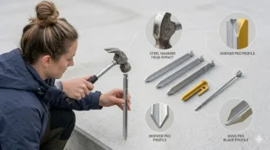 A detailed view of various small tent pegs on a concrete display surface, highlighting the differences between V-pegs, a plastic sand peg, and a steel skewer.