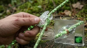 Alt text for image 4: A green luminous guyline threaded through a heavy-duty aluminium clamshell runner, demonstrating secure tensioning for UK weather.