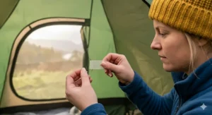 A close-up of a woman carefully applying a small square of clear mesh repair tape to fix a tiny hole in a fine mesh tent window screen.