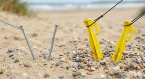 A side-by-side illustration comparing heavy-duty metal pins and broad plastic sand pegs for UK holiday camping.