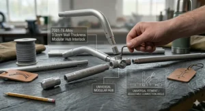 A highly detailed close-up of universal modular hub tent pole junctions being secured by a technician's hand, using a small hex tool, with technical graphics on interlock data.