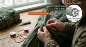 Alt text for image 8: A photorealistic 4K studio photograph under natural light, showing rugged hands repairing a torn tent eyelet using fine threads derived from the inner core of Type III 550 paracord. A detailed technical diagram inset replicates the multi-strand core, labeled as 'Inner Core Thread (for sewing)', while a spool of standard, non-repairable guy line lies discarded on a wooden workbench. The image highlights the versatility of paracord for emergency field repairs.