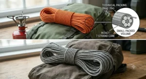 Alt text for image 7: A 4K photorealistic comparison on a wooden workbench. The top half shows a tight, compact, meticulously coiled safety orange Type III paracord resting on a lightweight rucksack with a technical cross-section inset, illustrating its small volume. The bottom half shows a much larger, looser coil of standard twisted nylon rope on a bulkier rucksack, demonstrating its significantly greater packed bulk for the same length, all under natural diffused light.