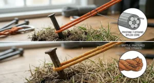 Alt text for image 6: A 4K photorealistic comparison showing severe ultraviolet (UV) degradation. The top half displays a vibrant, pristine safety orange paracord on a new tent peg with its intact internal core. The bottom half shows the same type of cord heavily faded, brittle, frayed, and fracturing after long exposure to British sun and rain, with rusted pegs and dead grass, all under natural light.