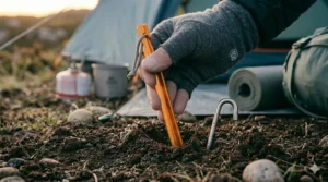 Hiker pitching a tent in the Lake District using lightweight titanium pegs to secure the guy lines against the wind.