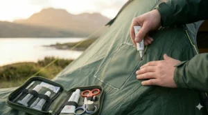 A detailed photograph showing a user applying a re-waterproofing spray to the area surrounding a completed tent fabric repair, ensuring the repaired section blends seamlessly and repels rain.