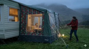 A touring caravan parked at a UK campsite with its wind awning secured firmly using high-visibility reflective guy ropes.