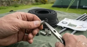 Close-up of a person using pliers to remove frayed or snapped elastic cord from a metal tent pole end tip.