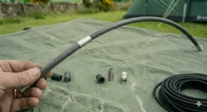 A fully repaired and assembled tent pole showing the flexibility and internal tension provided by new shock cord.
