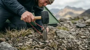 A sturdy rubber mallet used to drive tent pegs into rocky UK soil without bending the metal.