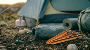 Highlighting the corrosion-resistant properties of titanium pegs, ideal for wet and rainy UK camping trips.