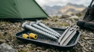 Durable screw-in rock pegs offering secure anchoring in gravel and hard standing pitches.
