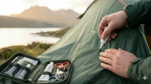 A photograph showing a user squeezing a tube of seam sealer along the stitched edge of a newly sewn fabric patch on a tent flysheet, demonstrating how to fix ripped tent fabric and ensure a complete waterproof seal.