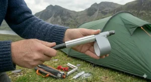 A high-detail photograph of a person wrapping grey gaffer tape around the edge of a silver aluminium repair sleeve, which is placed over a broken tent pole. The person is wearing a dark blue knitted jumper, and a green tent and mountain landscape are visible in the background.