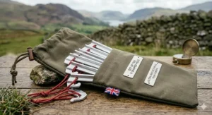 A set of ten V-shaped aluminium tent pegs contained within an olive green canvas storage pouch with an embroidered Union Jack tag.