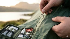A photorealistic tutorial image of a person sitting at a small, sturdy camping table in a workshop, using a heavy-duty needle and wax thread to hand-sew a tear in thick canvas tent material, following traditional UK camping repair techniques.