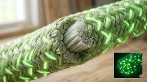 Alt text for image 3: A side-by-side comparison review showing a dark standard guyrope invisible in the dark versus a highly visible luminous guyline.