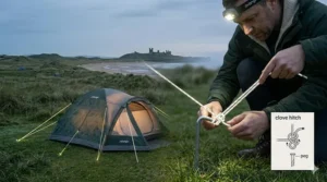 A side-by-side comparison of a campsite at night, showing how standard guy ropes are invisible while reflective guy ropes glow to prevent trip hazards.