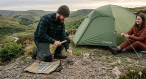 Heavy duty steel tent pegs being hammered into hard, stony ground at a UK campsite.