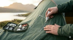 A photorealistic 4K sequence showing the five steps of a tent rip repair: cleaning, cutting patch, applying patch, smoothing, and sealing, in a bright workshop setting under natural, soft daylight.