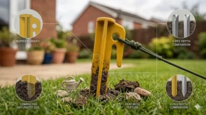 A technical illustration of a yellow composite Delta peg in a garden lawn, with call-out details explaining how buried flanges provide superior resistance against high winds.
