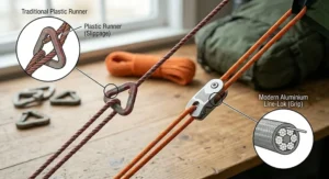 Alt text for image 9: A photorealistic 4K comparison photograph taken on a wooden workbench under natural daylight, contrasting a modern silver aluminium Line-Lok tensioner gripping taut, reflective orange paracord against a traditional, weathered red plastic triangular runner on a looser standard nylon guy line. Inset technical diagrams magnified to show the mechanical grip of the metal cleat versus the slippage on the plastic runner.