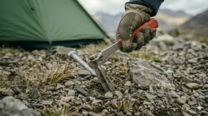 A metal peg puller hook to easily extract stuck pegs from stony ground.