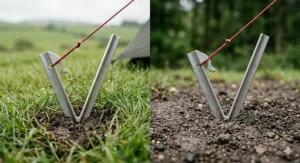 A 4K comparison image illustrating how V shaped aluminium tent pegs perform in different British soil types, including lush damp grass and forest grit.