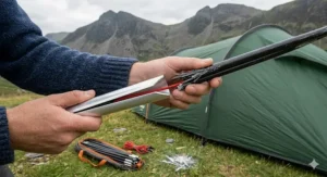 A detailed 4K close-up photograph of a hand in a blue jumper using a digital caliper to precisely measure the outer diameter of a fractured black fibreglass tent pole. In the background, the Lake District mountains, a pitched green tent, the silver repair sleeve, and the gear bag with replacement poles provide context under an overcast sky.