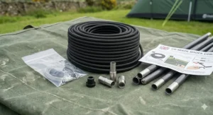 A tent pole repair kit featuring replacement shock cord, threading wire, and spare pole ferrules.