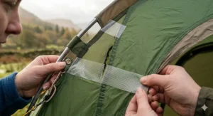 A close-up showing two people using flexible, grid-patterned instant tent repair tape to patch a large tear right next to a green tent's fabric seam and metal pole sleeve.