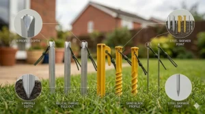 A row of alternative tent pegs installed for a lawn test, showing V-pegs, sand pegs, and steel skewers in a UK garden environment.