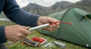 A high-resolution close-up image showing a person in a navy blue wool jumper threading a bright red elastic shock cord through a silver aluminium tent pole repair sleeve. The background features a green camping tent and the mountainous landscape of the Lake District under an overcast sky, with repair tools laid out on the grass below.