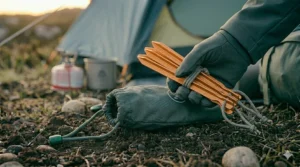 Titanium tent pegs featuring bright orange reflective pull cords for easy removal and visibility during night-time camping.