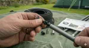 A clear illustration of an overhand knot tied at the end of a shock cord to secure it inside the tent pole bung.