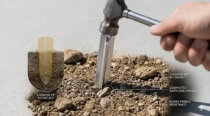 A photorealistic close-up of an aluminium V peg being driven into firm, stony ground with a hammer, demonstrating its suitability for hard-standing pitches.