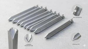 A set of classic silver aluminium V-shaped tent pegs arranged neatly on a grey concrete surface, detailing the V profile and guy line notches.