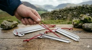 A high-resolution close-up of V-shaped aluminium tent pegs focusing on the high-visibility reflective filaments within the red pull loops.