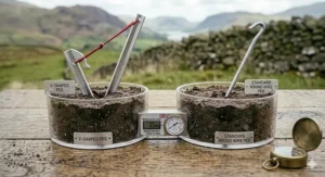 A comparison illustration displaying a V-shaped aluminium tent peg alongside a standard round wire peg in a transparent soil box to show superior surface area.