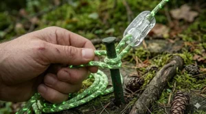 Alt text for image 6: A glowing luminous guyrope holding tent tension during a wet and rainy evening on a British staycation.