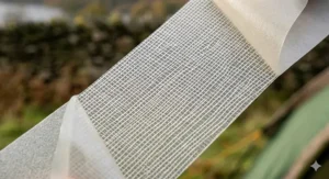 Close-up photograph focusing on the intricate texture of a translucent, flexible tent repair material, highlighting the internal reinforcing fibre grid and matte surface finish.