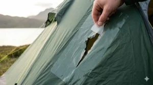 A close-up photograph illustrating the application of a pre-cut waterproof tenacious adhesive patch over a small tear on a green polyester tent. A hand carefully smooths the patch to ensure a secure, bubble-free bond in overcast British weather.