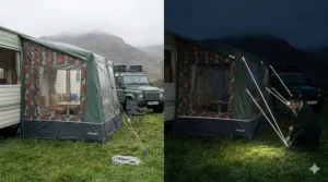 An illustration of a heavy-duty reflective guy rope holding a tent stable during a rainy and windy British storm.