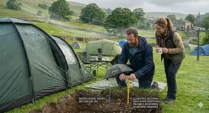 Diagram showing the grip and holding power of screw pegs versus straight pegs during strong winds on a campsite.