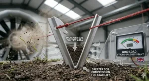 A dynamic technical illustration showing a V shaped aluminium tent peg securely anchored in damp soil under extreme wind load in a misty UK mountain environment.