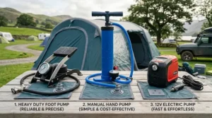 A comparison infographic showing the pros and cons of using a foot pump versus hand pumps and electric 12V pumps for air tents.
